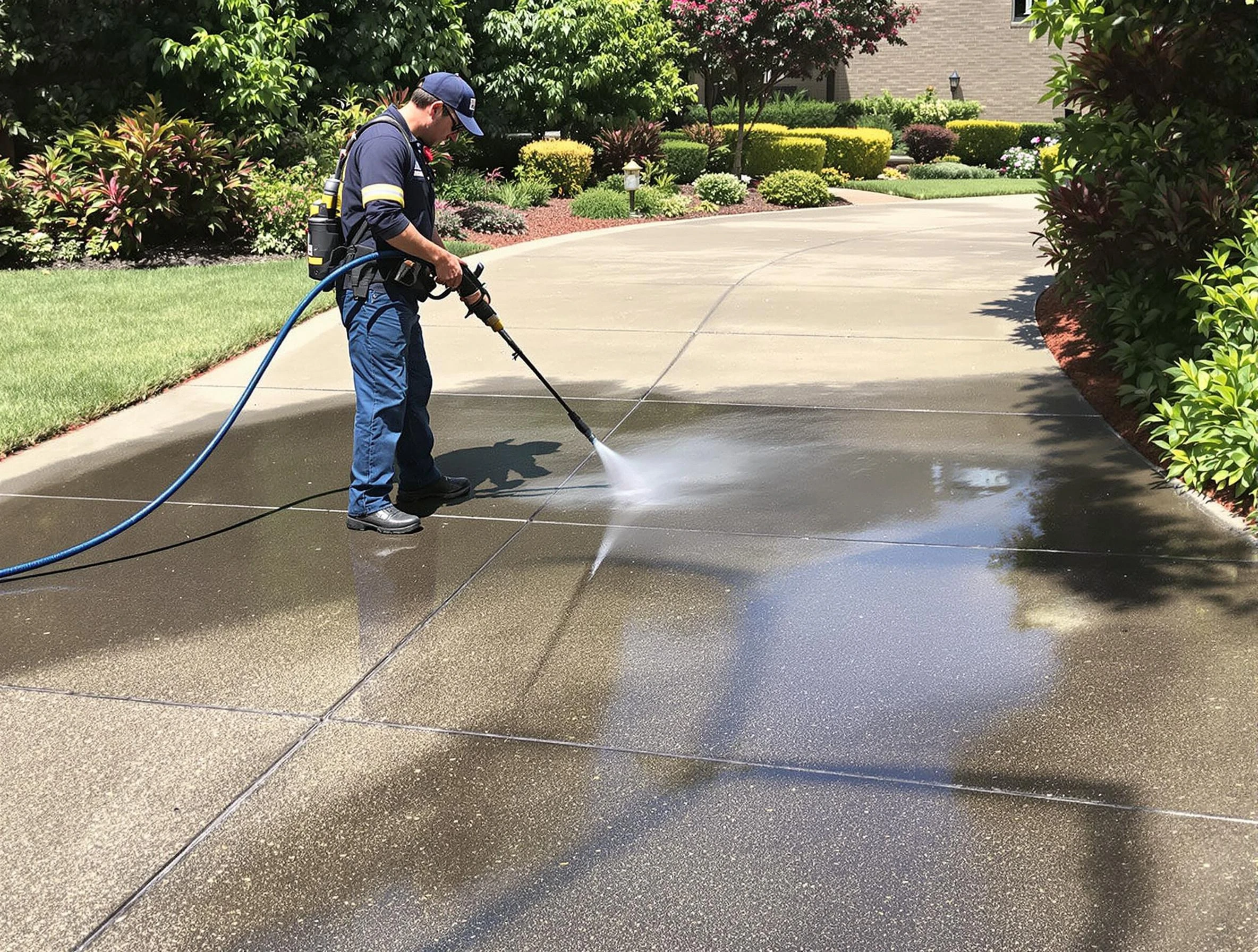 Experienced Cleveland Power Washing team member pressure washing a driveway in Cleveland